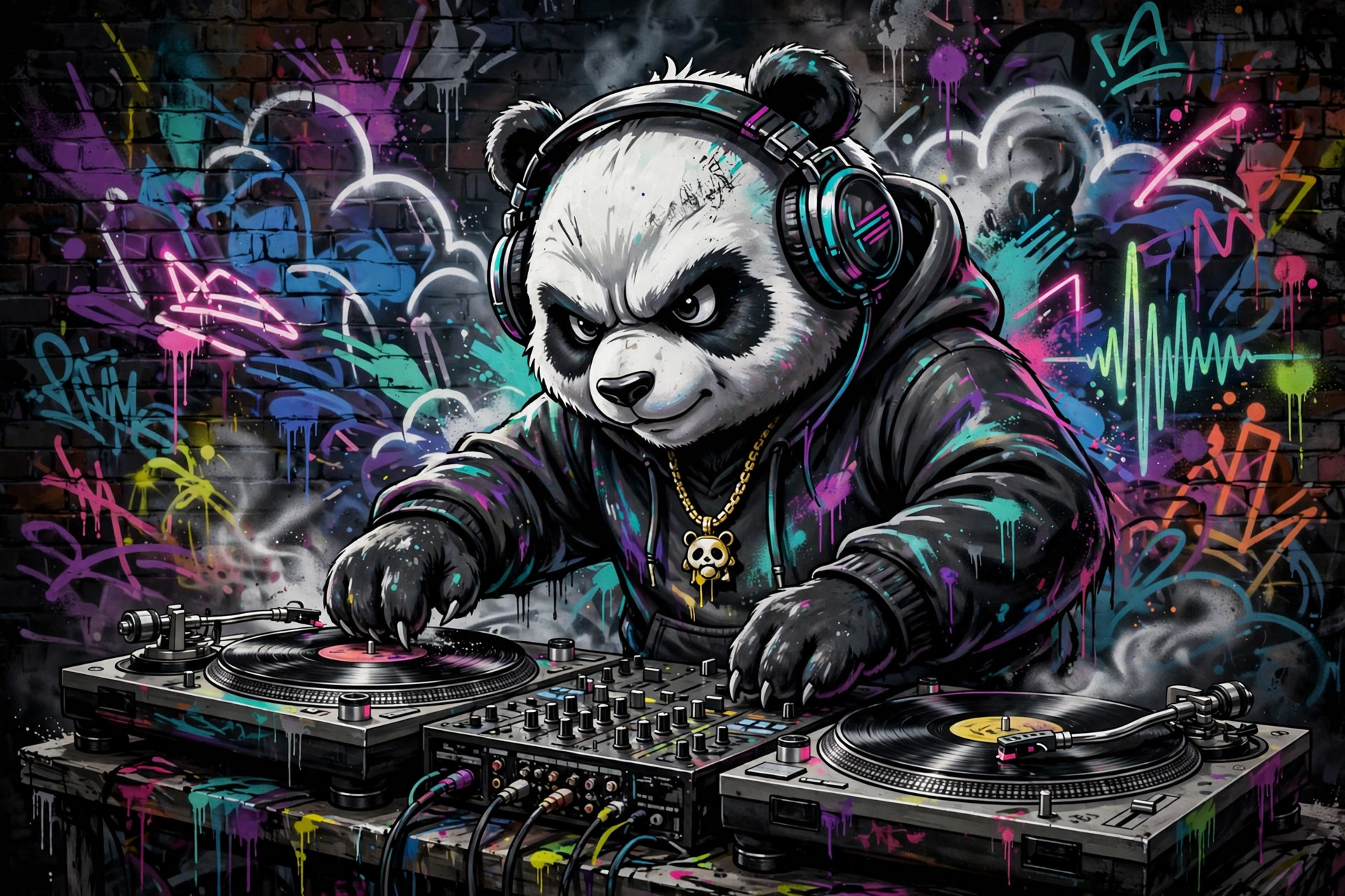 Full-color graffiti art of DJ Drizzy scratching on two turntables